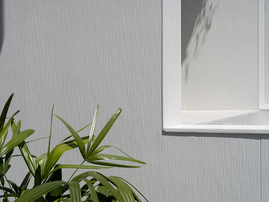 brushed concrete fibre cement light grey with axent trim white